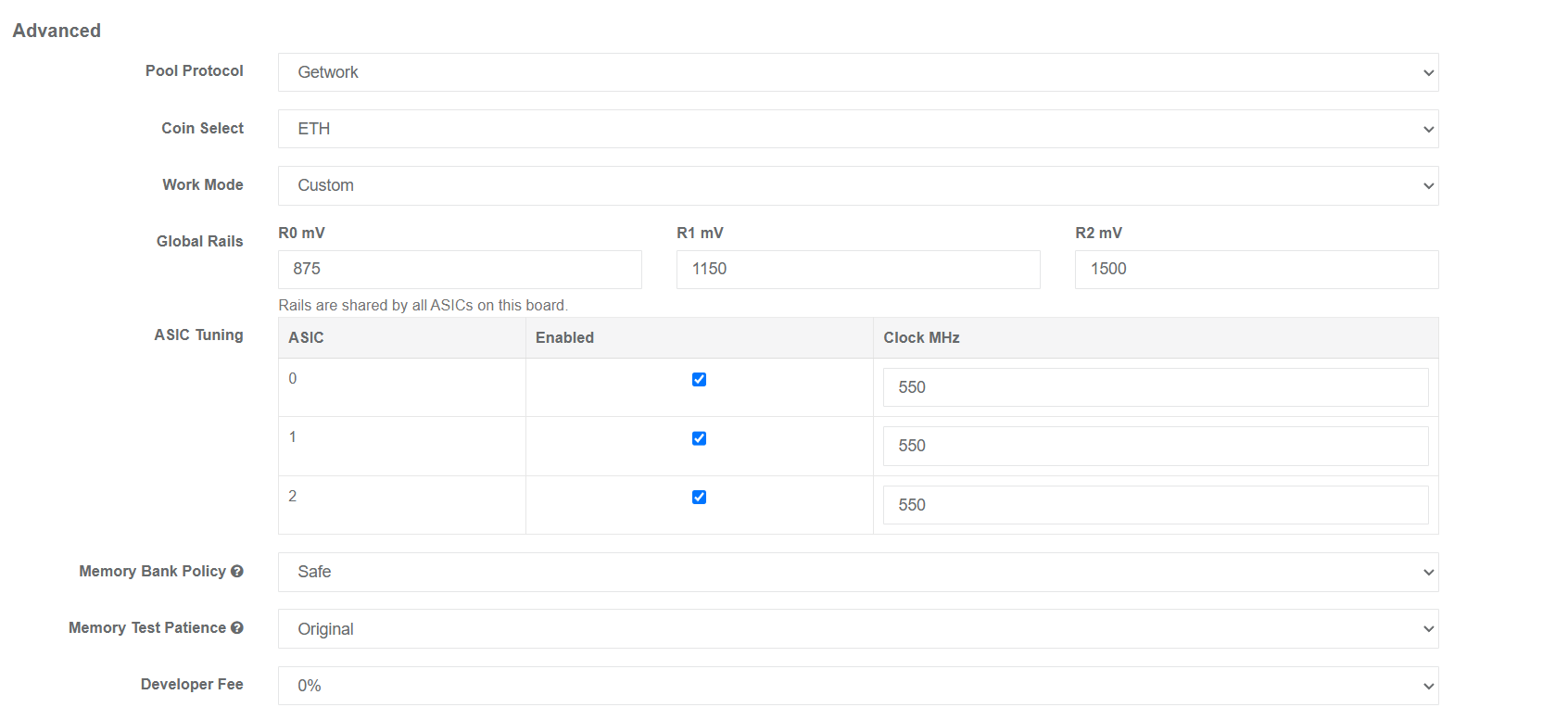 Better ASIC Firmware advanced settings with ASIC enable, clock, and voltage controls