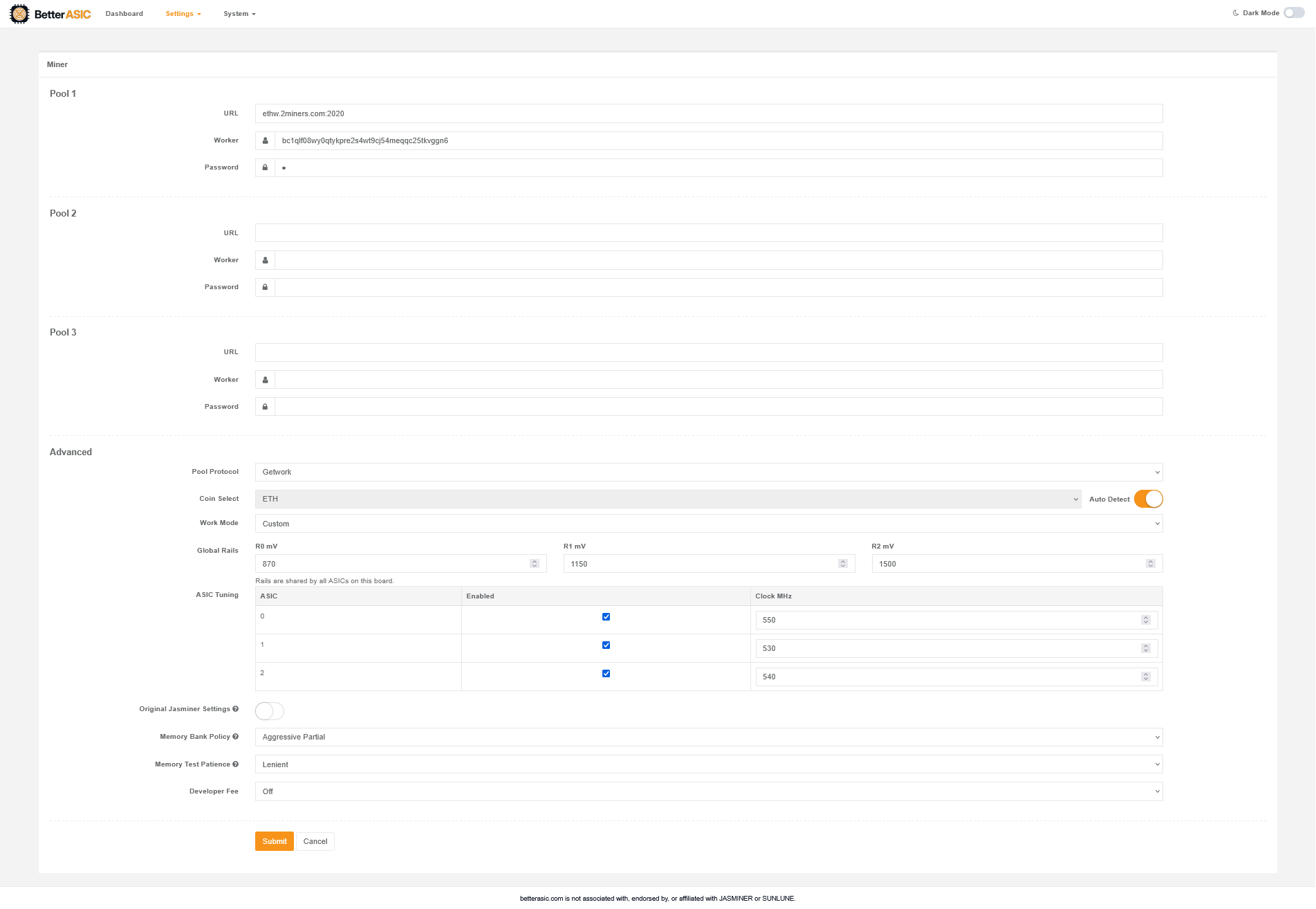Better ASIC Firmware advanced settings with ASIC enable, clock, and voltage controls
