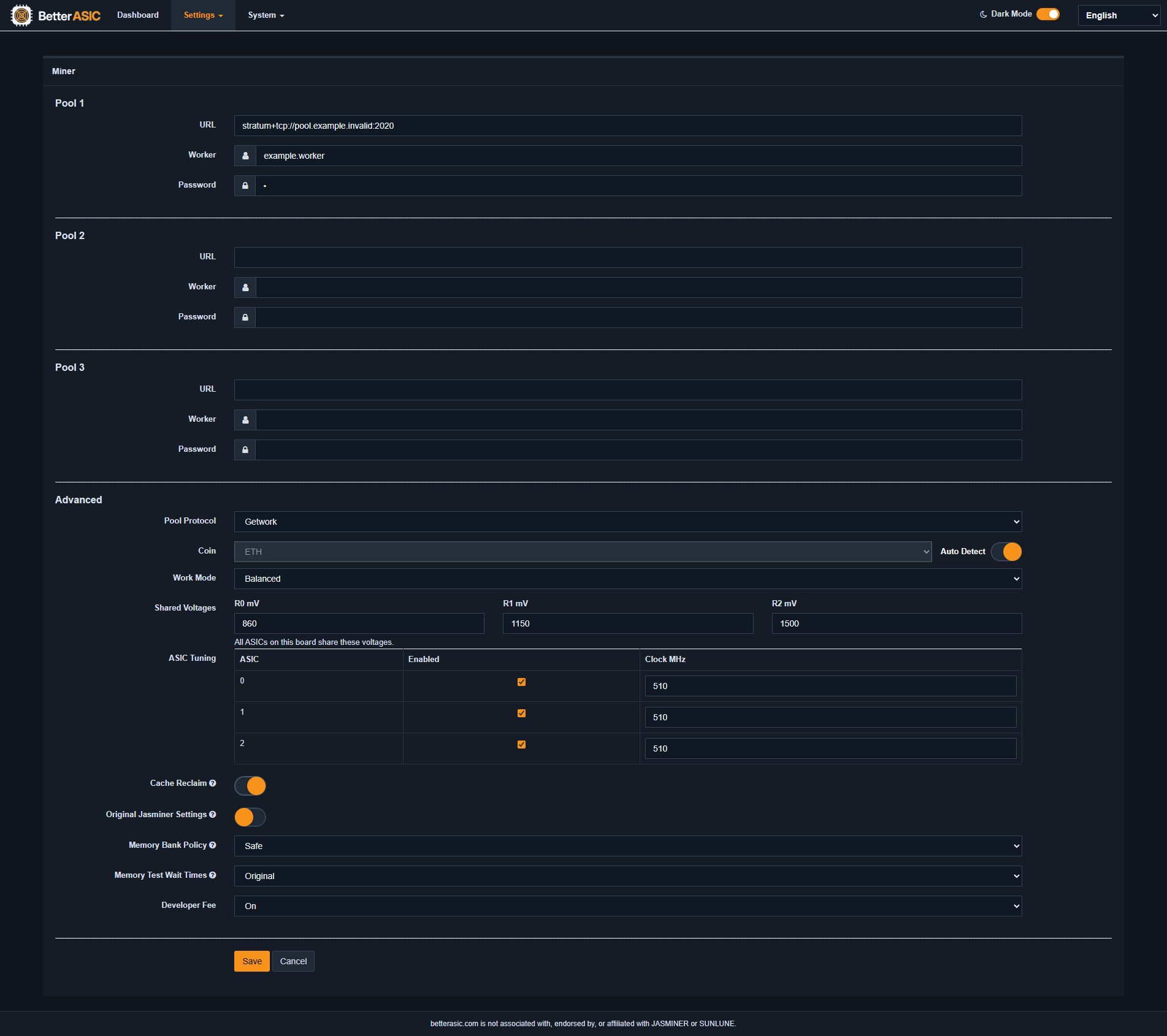 Better ASIC Firmware advanced settings with ASIC enable, clock, and voltage controls