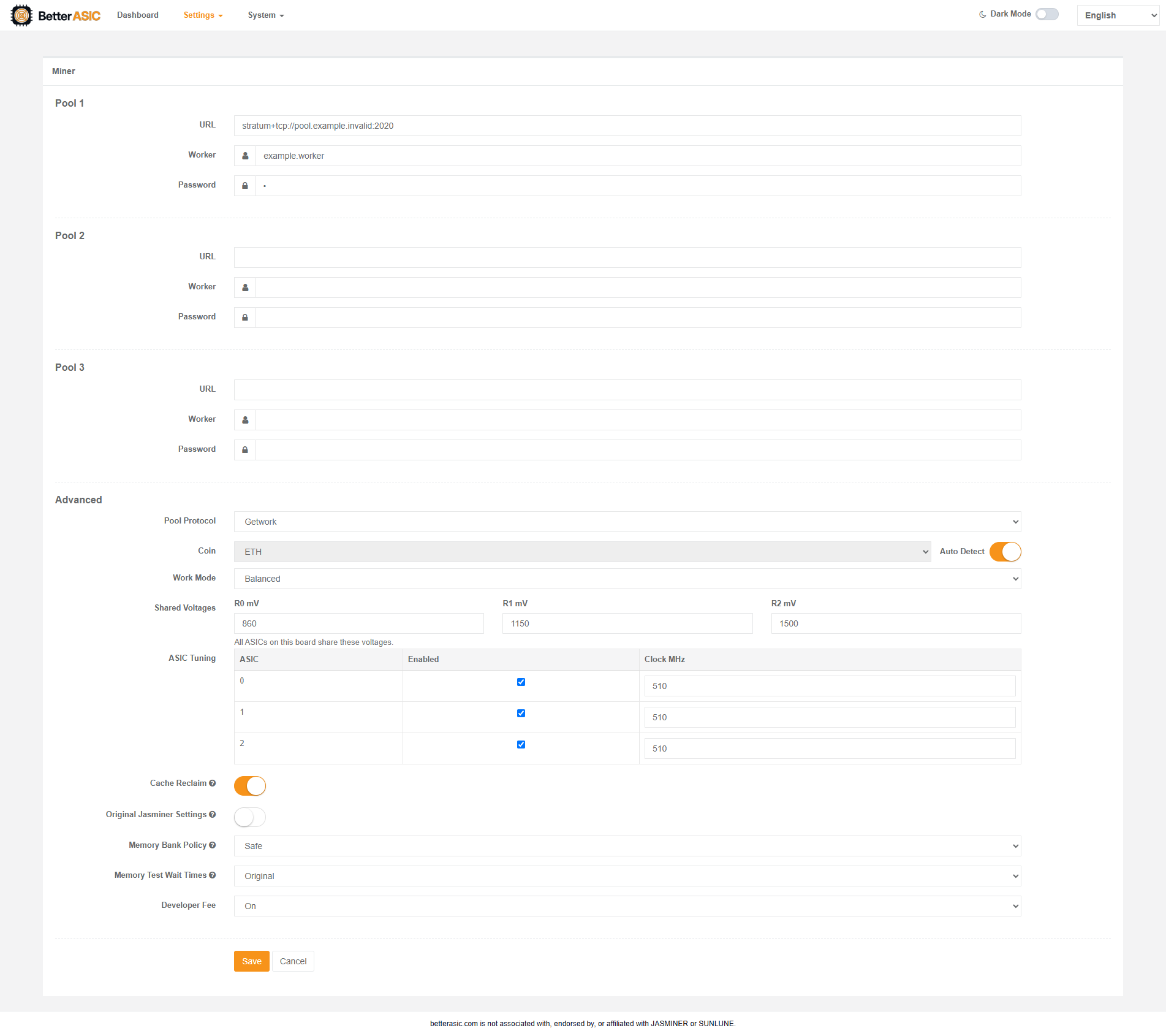 Better ASIC Firmware advanced settings with ASIC enable, clock, and voltage controls